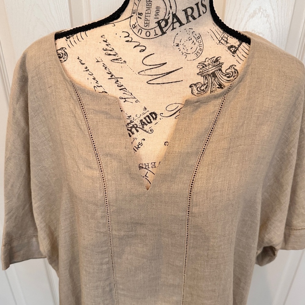 New DKNY 100% Linen Tee Kaftan Shirt Dress Lined Pockets Beige‎ Tan Sz Large - Picture 3 of 15